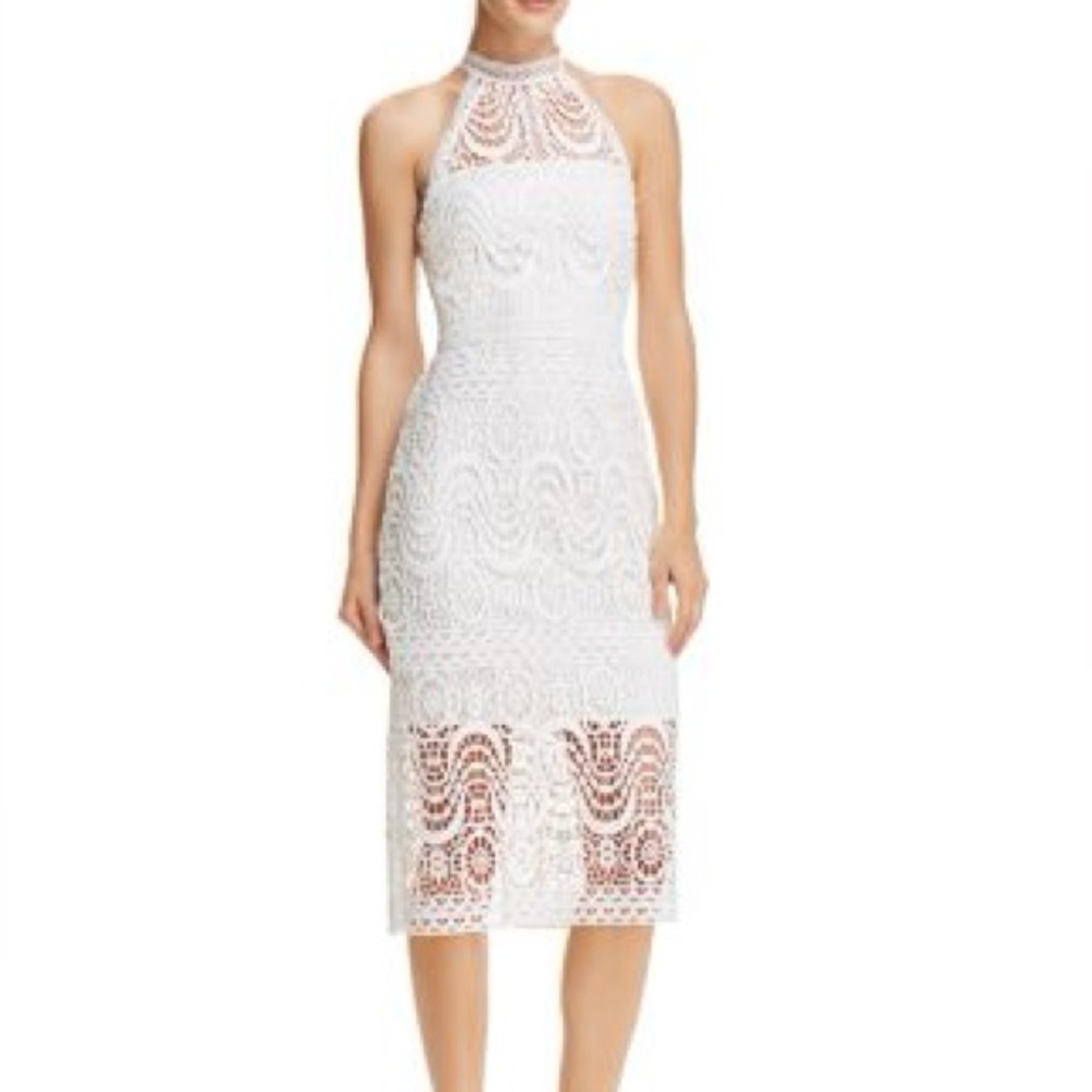 🤍Laundry By Shelli Segal • White Lace Halter Bodycon Midi Dress